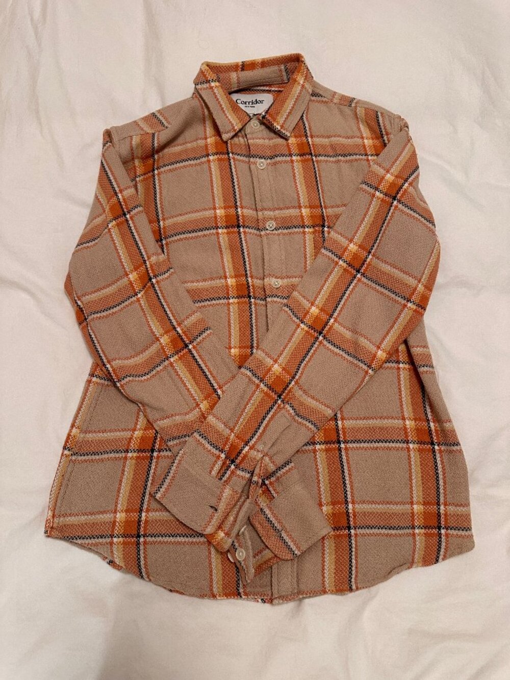 Corridor NYC Plaid Cotton Button Down Shirt, Tan Orange Check, S